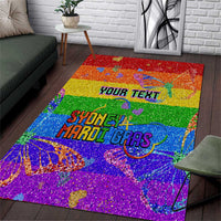 Rainbow glitter pride area rug with “YOUR TEXT” and “SYDNEY MARDI GRAS” in bold colors