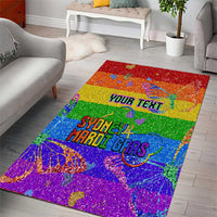 Personalized rainbow glitter area rug showing “YOUR TEXT” and “SYDNEY MARDI GRAS”