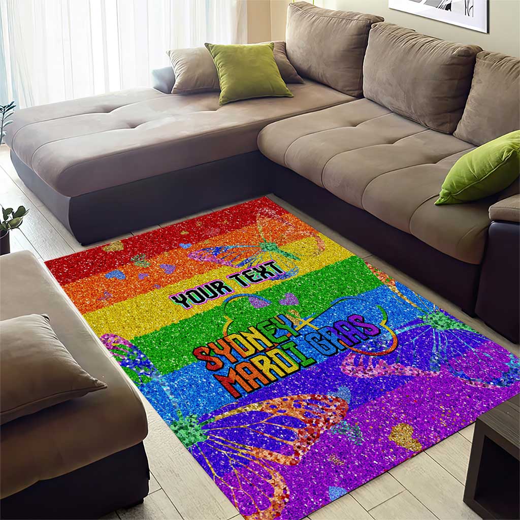 Rainbow glitter pride rug with “YOUR TEXT” and “SYDNEY MARDI GRAS” centered
