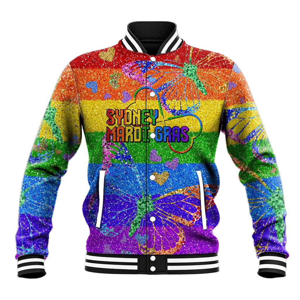 Rainbow glitter baseball jacket, ribbed collar and cuffs, front graphic 'SYDNEY MARDI GRAS'