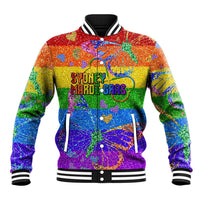 Rainbow glitter baseball jacket, ribbed collar and cuffs, front graphic 'SYDNEY MARDI GRAS'