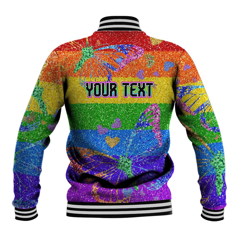 Rainbow glitter baseball jacket back with striped trim and 'YOUR TEXT' graphic