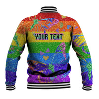 Rainbow glitter baseball jacket back with striped trim and 'YOUR TEXT' graphic