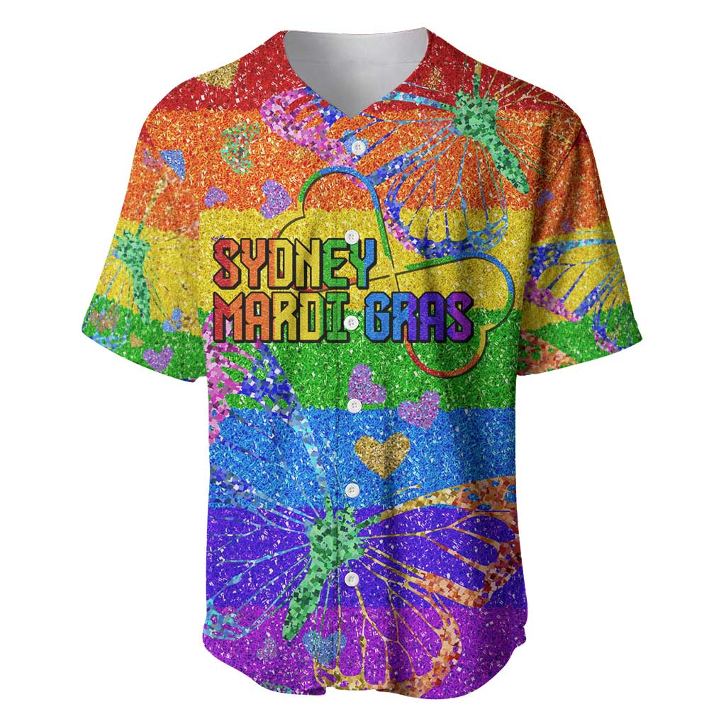 Rainbow glitter baseball jersey with Sydney Mardi Gras graphic and heart accents