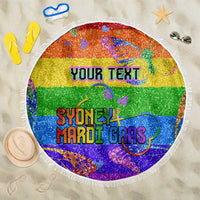 Personalized round glitter beach blanket in rainbow Pride with 'YOUR TEXT' and 'SYDNEY MARDI GRAS'