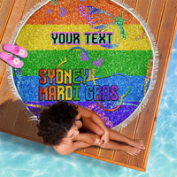 Round glitter beach blanket in rainbow Pride with 'SYDNEY MARDI GRAS' and 'YOUR TEXT'