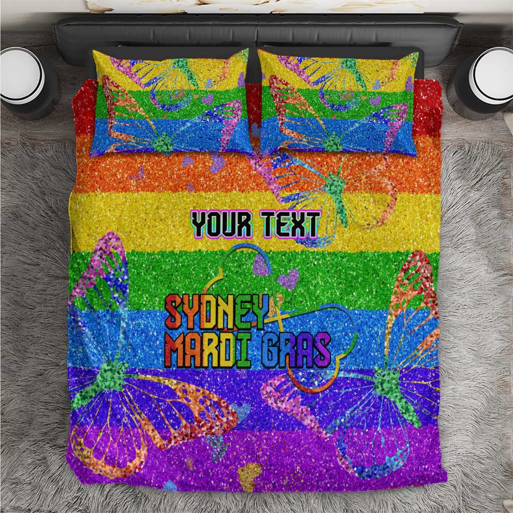 Rainbow glitter bedding set close-up: duvet with "YOUR TEXT" and "SYDNEY MARDI GRAS" text