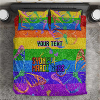 Rainbow glitter bedding set close-up: duvet with "YOUR TEXT" and "SYDNEY MARDI GRAS" text