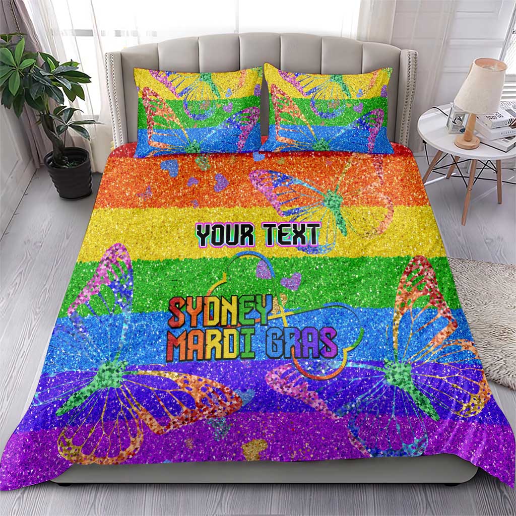 Rainbow glitter pride duvet and two pillowcases on sofa bed, "YOUR TEXT" and "SYDNEY MARDI GRAS"