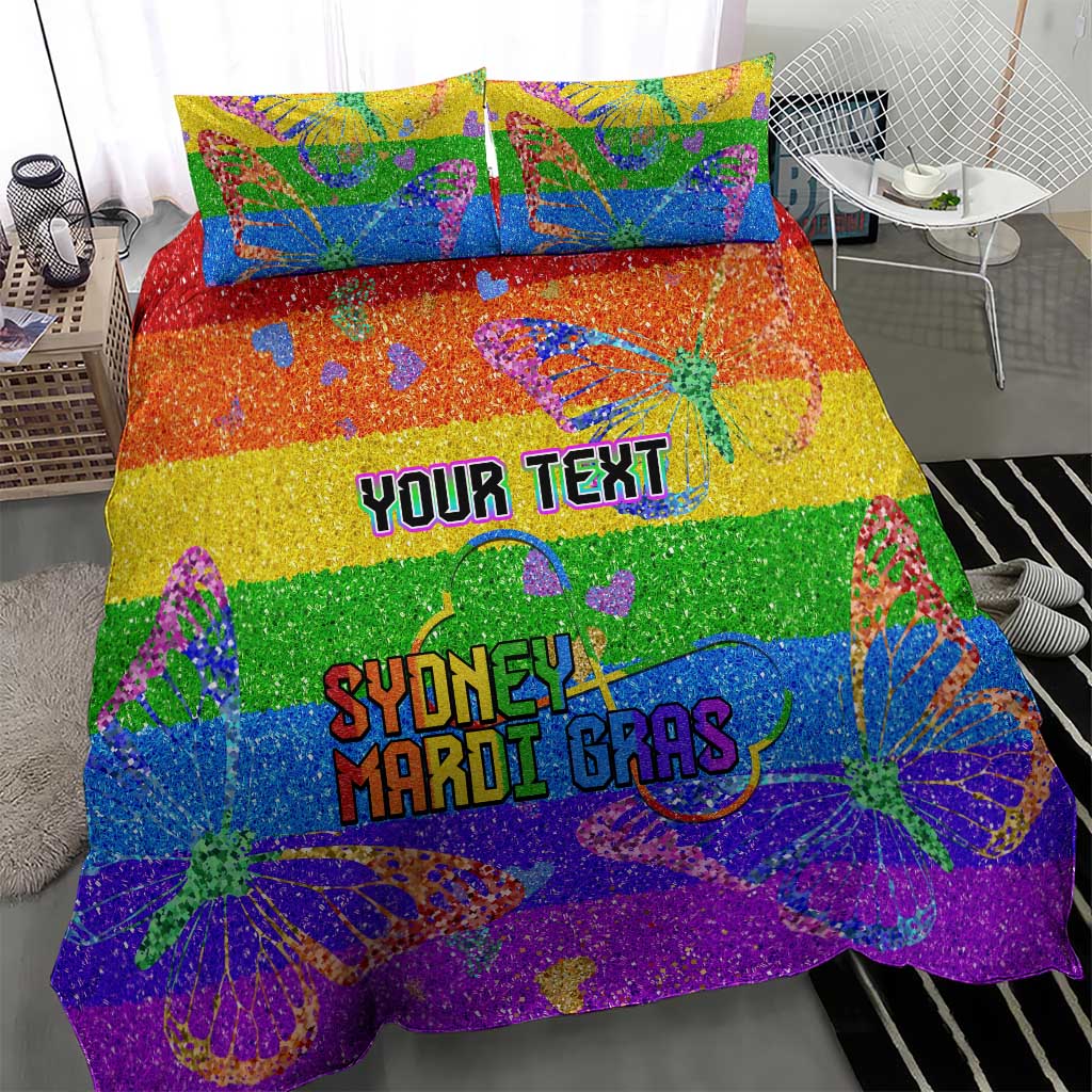 Rainbow glitter pride bedding set on bed: duvet with "YOUR TEXT" and "SYDNEY MARDI GRAS"