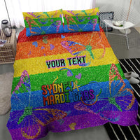 Rainbow glitter pride bedding set on bed: duvet with "YOUR TEXT" and "SYDNEY MARDI GRAS"