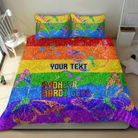 Rainbow glitter pride comforter set on bed with two pillowcases, "YOUR TEXT" center