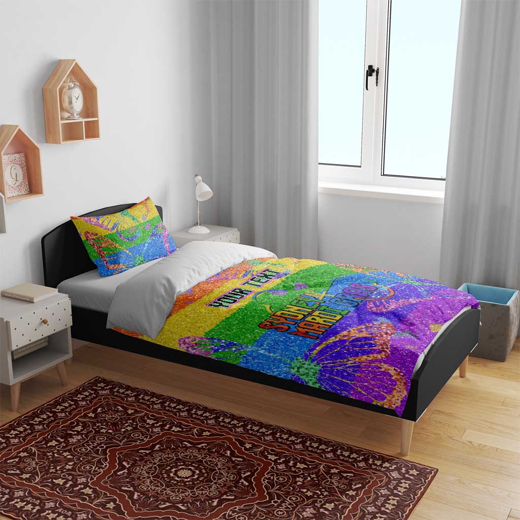 Rainbow glitter pride bedding set with two pillowcases and matching duvet, colorful ornate print