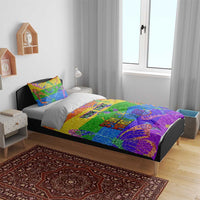 Rainbow glitter pride bedding set with two pillowcases and matching duvet, colorful ornate print