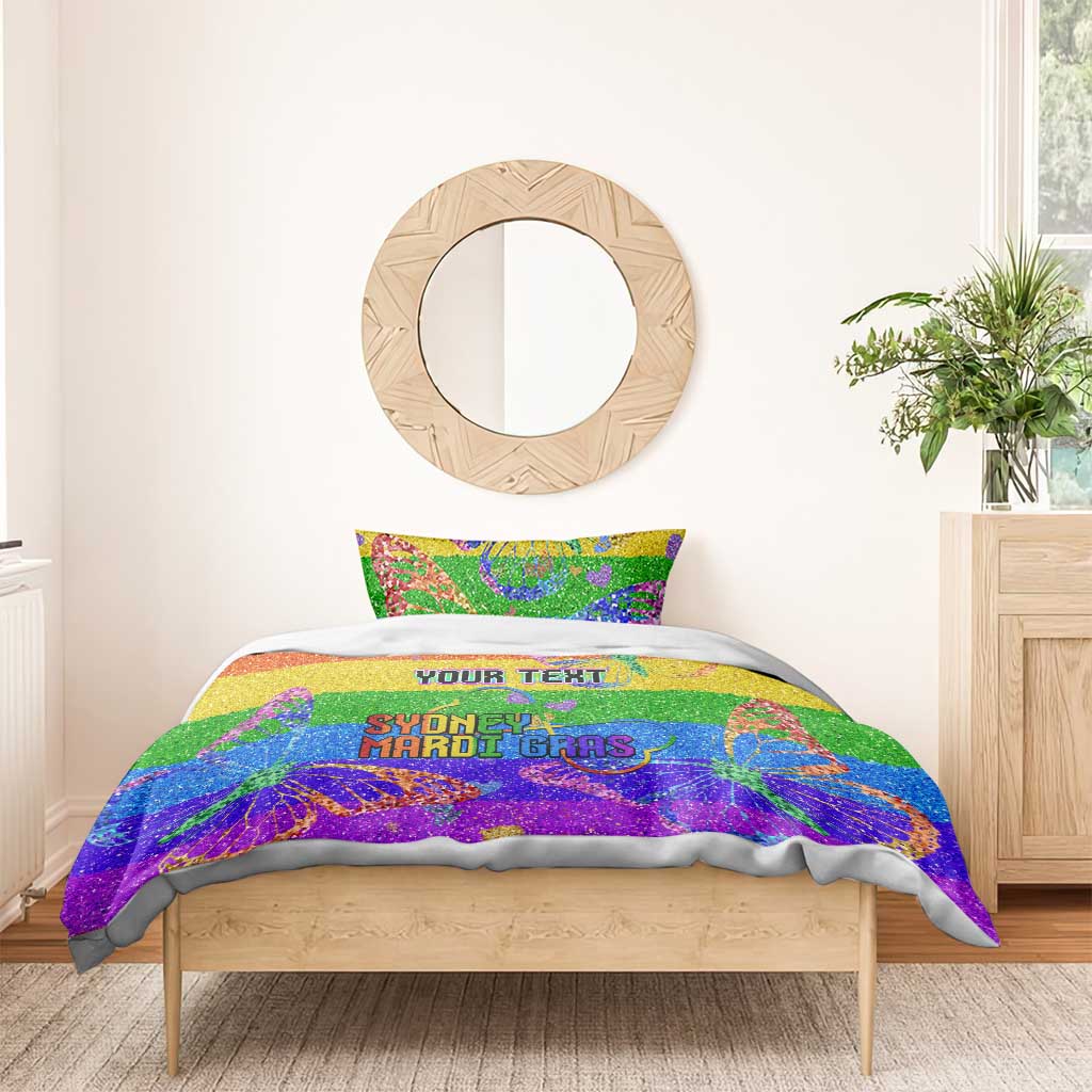 Rainbow glitter pride comforter set with pillowcases, centered "YOUR TEXT" and "SYDNEY MARDI GRAS"