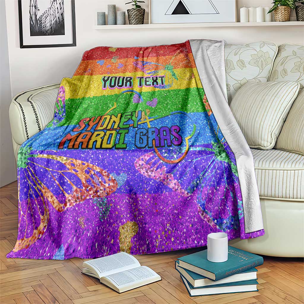 Personalized rainbow glitter blanket with “YOUR TEXT” and “SYDNEY MARDI GRAS”