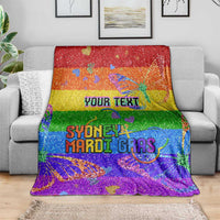 Personalized rainbow glitter blanket draped on couch with “YOUR TEXT” and “SYDNEY MARDI GRAS”