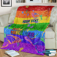 Personalized rainbow glitter blanket with “YOUR TEXT” and “SYDNEY MARDI GRAS” on couch