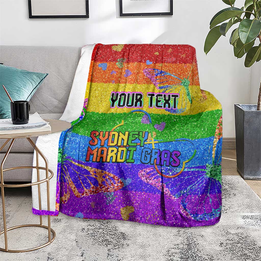 Personalized rainbow glitter blanket with “YOUR TEXT” and “SYDNEY MARDI GRAS” front