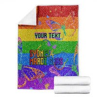 Personalized rainbow glitter blanket with “YOUR TEXT” and “SYDNEY MARDI GRAS”, folded