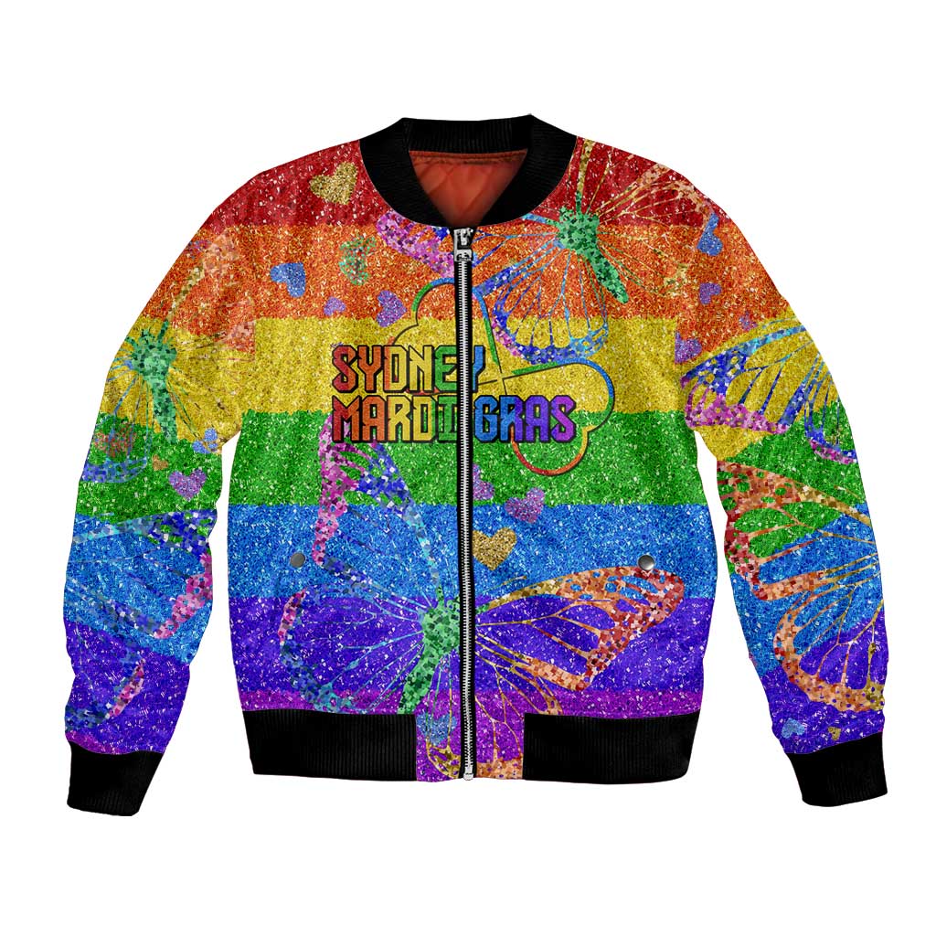 Rainbow glitter bomber jacket with black ribbed collar, zip front, 'Sydney Mardi Gras' graphic