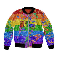Rainbow glitter bomber jacket with black ribbed collar, zip front, 'Sydney Mardi Gras' graphic