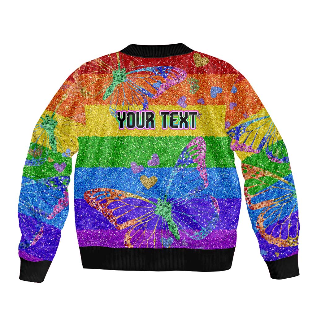 Rainbow glitter bomber jacket, black ribbed hem, back panel with 'YOUR TEXT' graphic