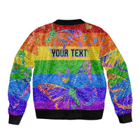 Rainbow glitter bomber jacket, black ribbed hem, back panel with 'YOUR TEXT' graphic