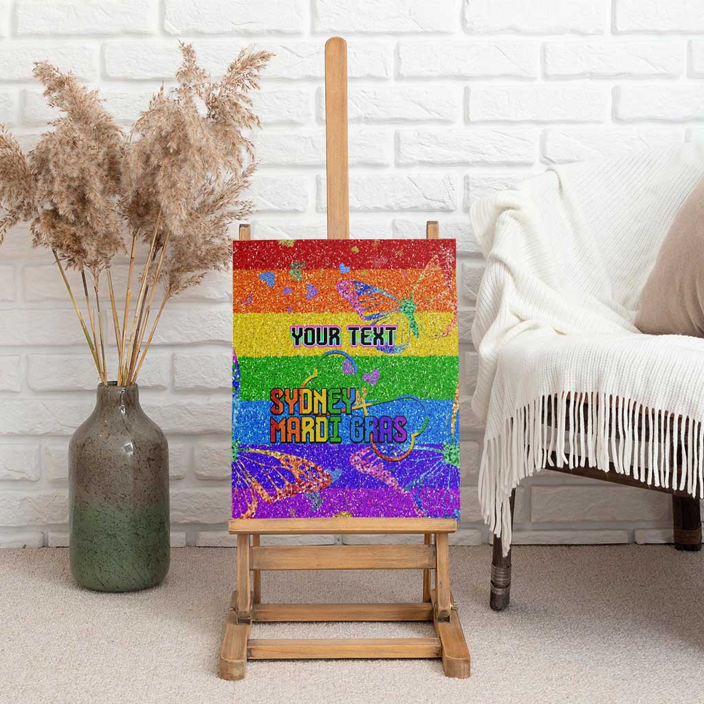 Rainbow glitter canvas wall art front view with YOUR TEXT and Sydney Mardi Gras lettering