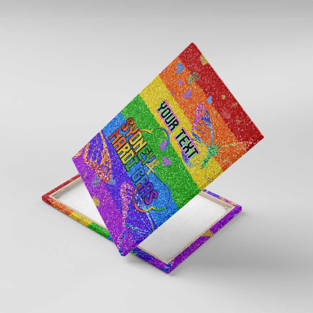 Rainbow glitter canvas wall art angled view with YOUR TEXT and Sydney Mardi Gras lettering