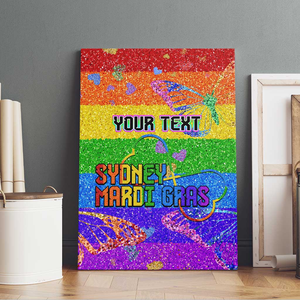 Rainbow glitter canvas wall art standing on floor with YOUR TEXT and Sydney Mardi Gras lettering