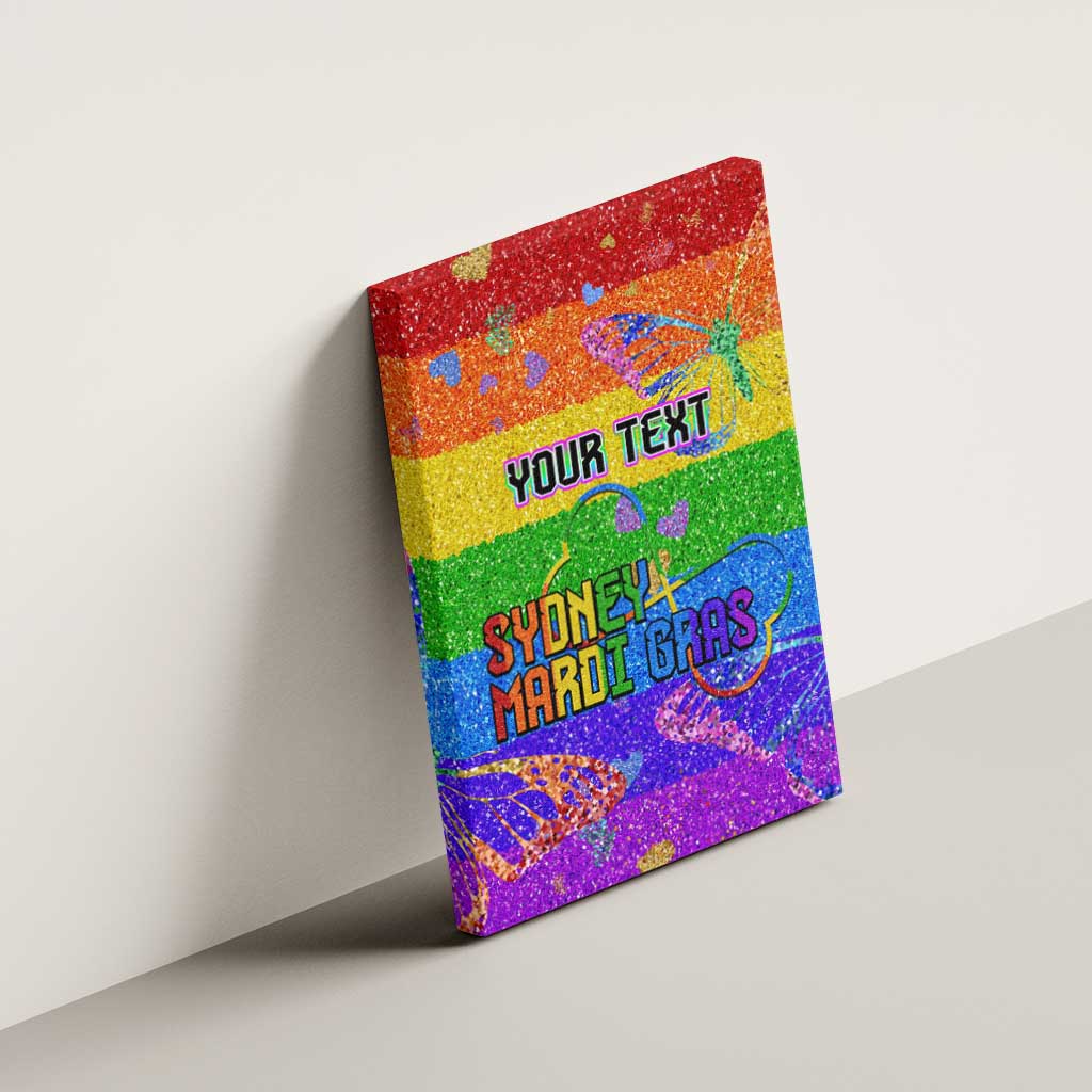 Rainbow glitter canvas wall art mounted on wall with YOUR TEXT and Sydney Mardi Gras logo