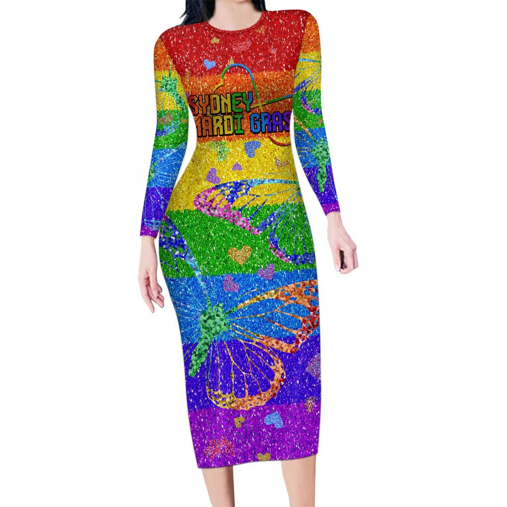 Sydney Mardi Gras Personalized Long Sleeve Bodycon Dress Pride Rainbow Glitter Colorful Style - Wonder Print Shop