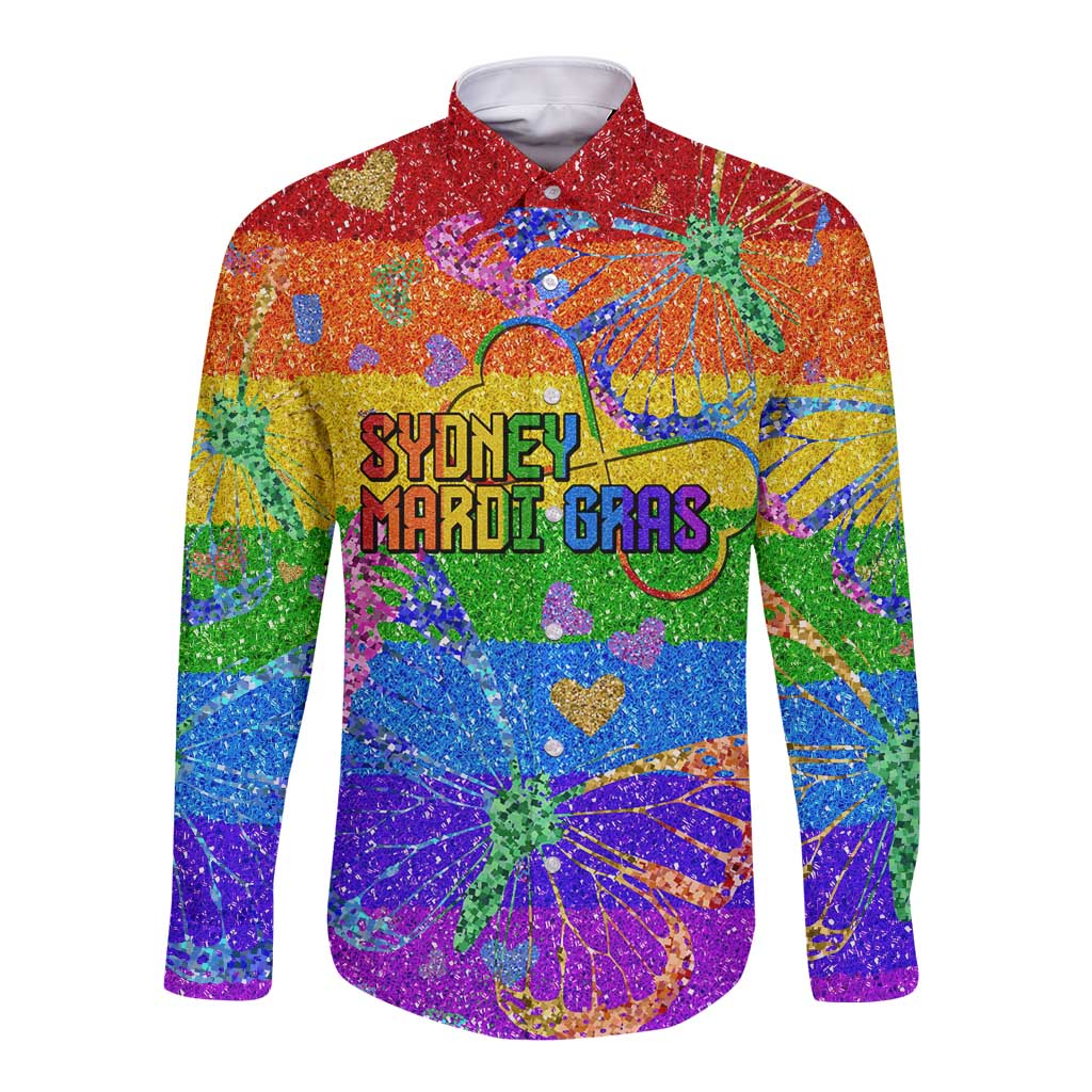 Rainbow glitter long-sleeve button-up shirt with Sydney Mardi Gras graphic front
