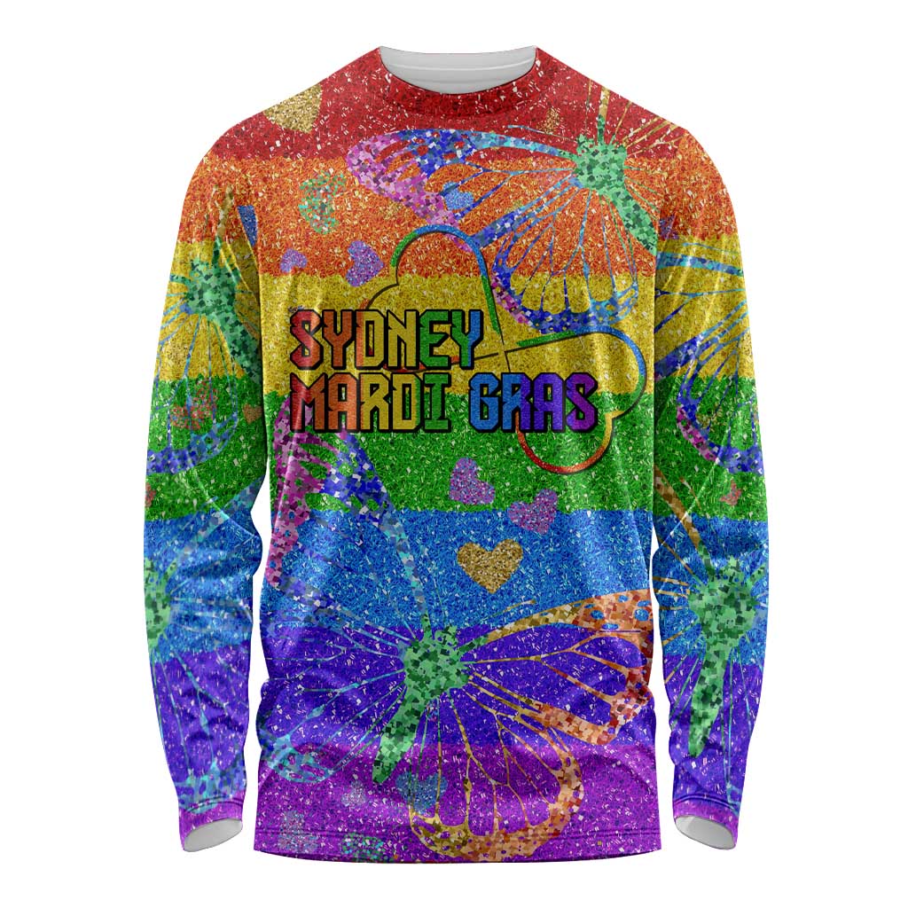 Rainbow glitter long-sleeve shirt with Sydney Mardi Gras graphic and heart details