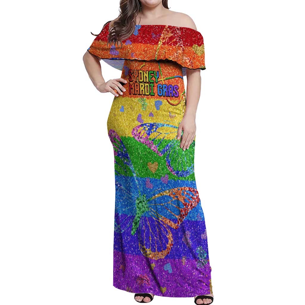 Sydney Mardi Gras Personalized Off Shoulder Maxi Dress Pride Rainbow Glitter Colorful Style - Wonder Print Shop