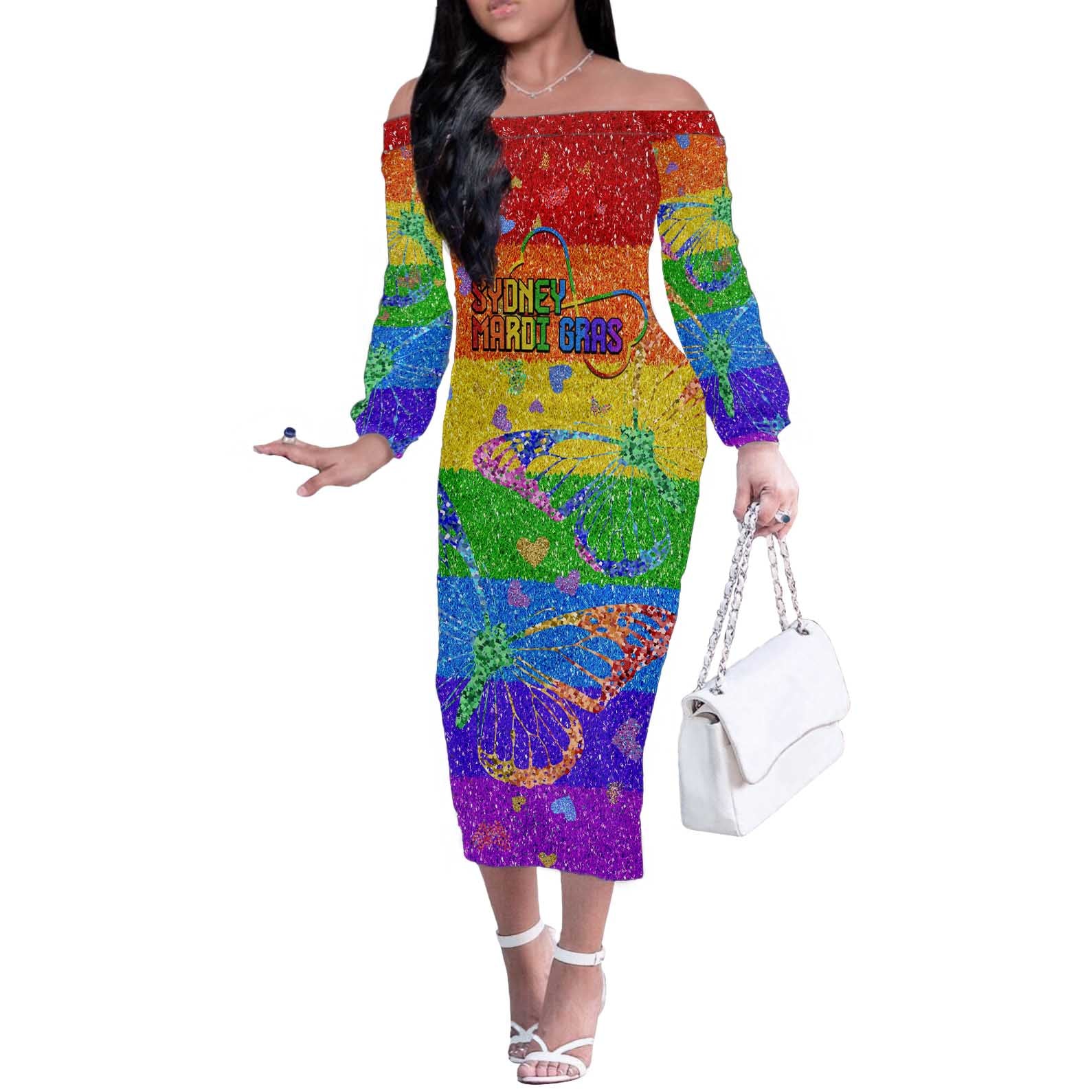 Sydney Mardi Gras Personalized Off The Shoulder Long Sleeve Dress Pride Rainbow Glitter Colorful Style - Wonder Print Shop