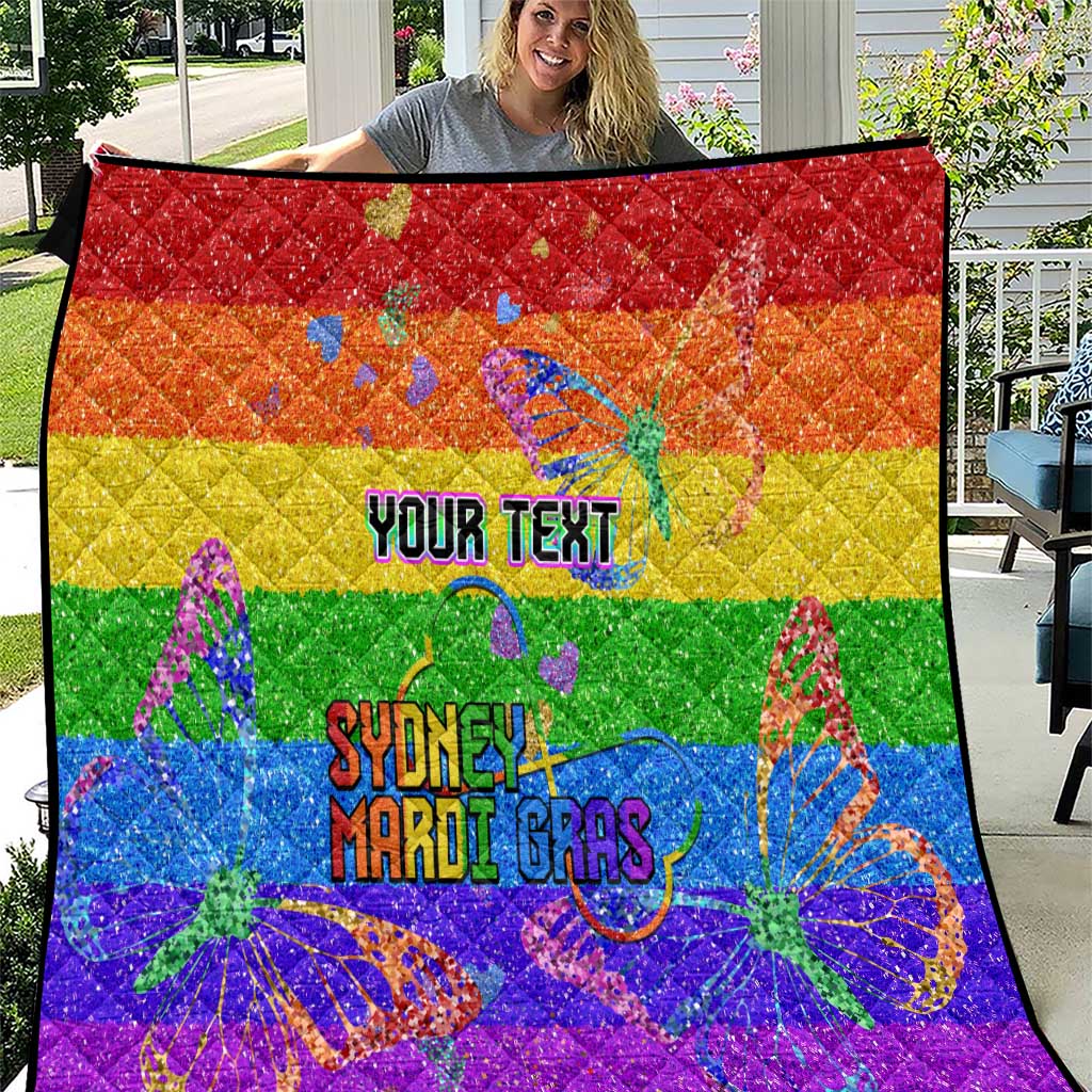 Rainbow glitter quilt with “YOUR TEXT” and “Sydney Mardi Gras” butterfly design