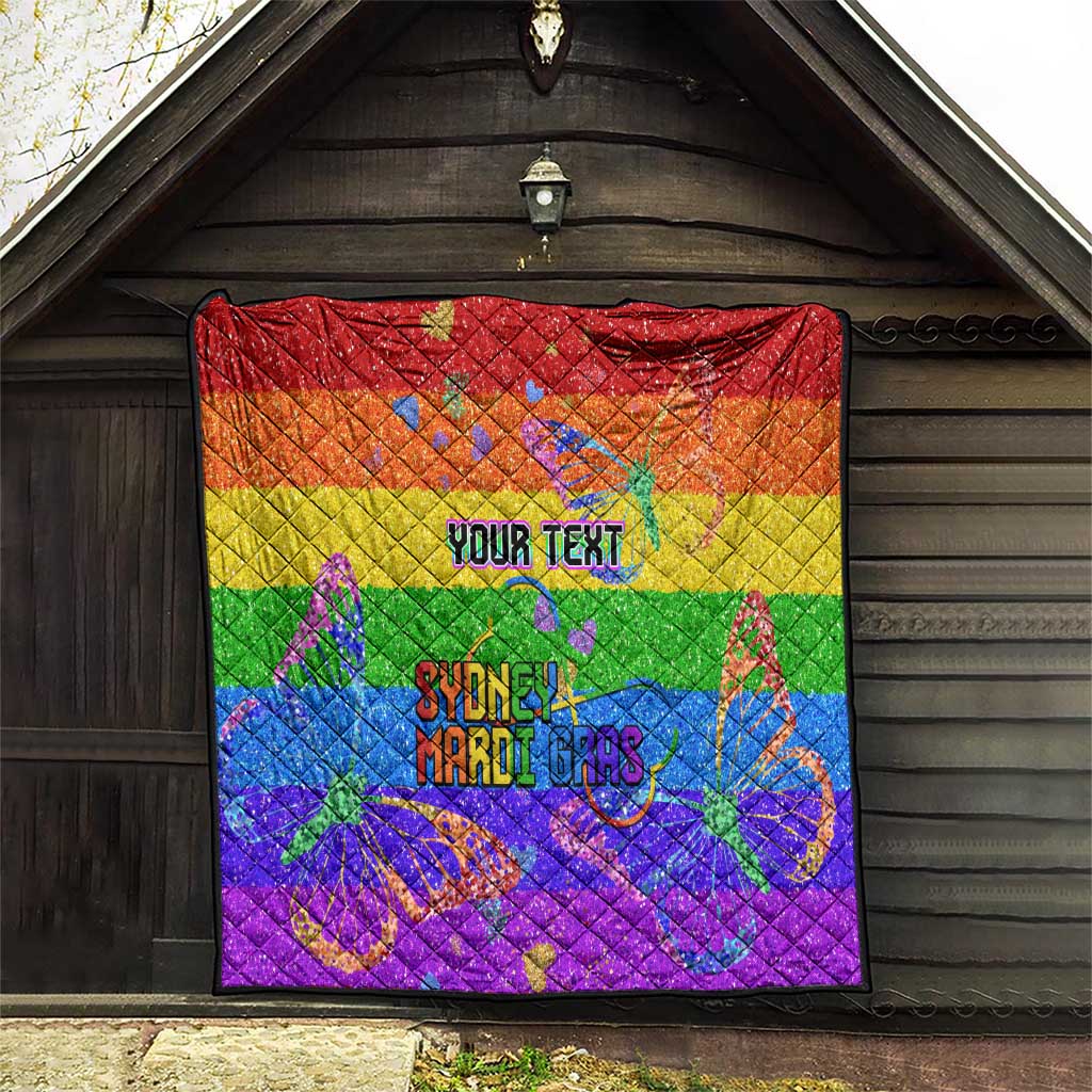 Rainbow glitter quilt hanging on a dark wall with “YOUR TEXT” and “Sydney Mardi Gras”