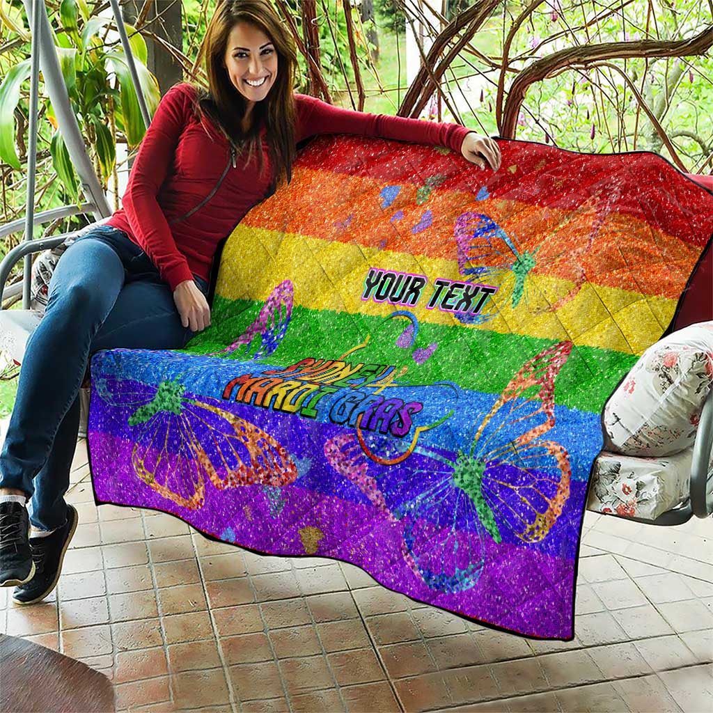 Rainbow glitter quilt held up outdoors with “YOUR TEXT” and Sydney Mardi Gras butterflies