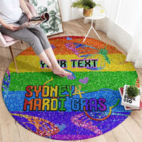 Personalized rainbow glitter round carpet showing YOUR TEXT and SYDNEY MARDI GRAS