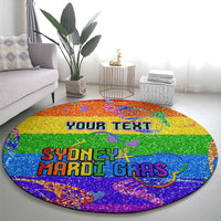 Rainbow glitter round carpet with curved YOUR TEXT and SYDNEY MARDI GRAS headline