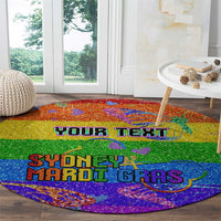 Personalized rainbow glitter round carpet with YOUR TEXT and SYDNEY MARDI GRAS text