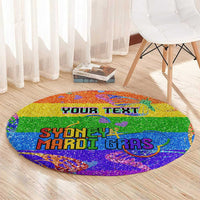 Rainbow glitter round carpet with YOUR TEXT banner and SYDNEY MARDI GRAS in center
