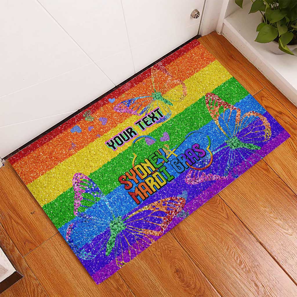 Rainbow striped glitter rubber doormat on wood floor with YOUR TEXT and Sydney Mardi Gras.