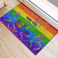Rainbow pride glitter rubber doormat with YOUR TEXT banner and Sydney Mardi Gras lettering.
