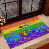 Rainbow glitter rubber doormat at entrance with YOUR TEXT and Sydney Mardi Gras text graphics.
