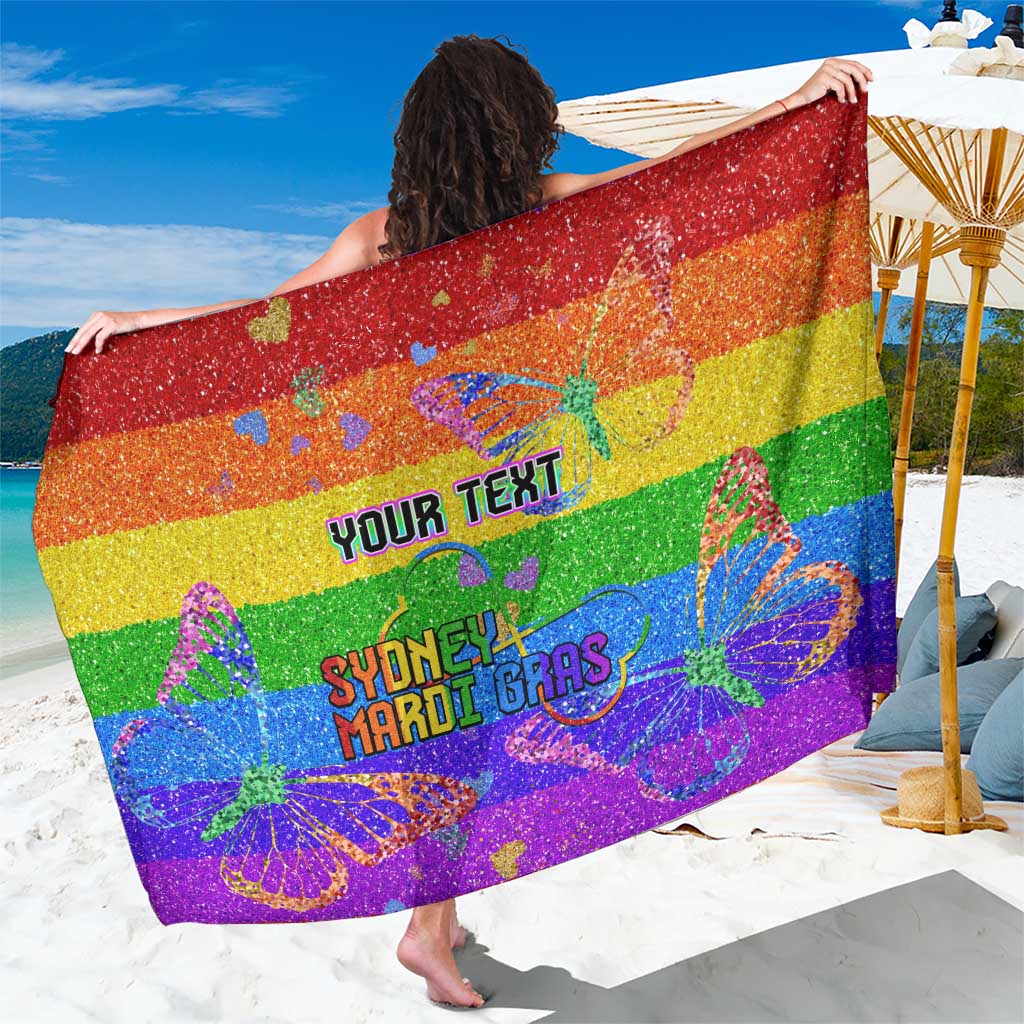 Rainbow glitter pride sarong with custom text and Sydney Mardi Gras print