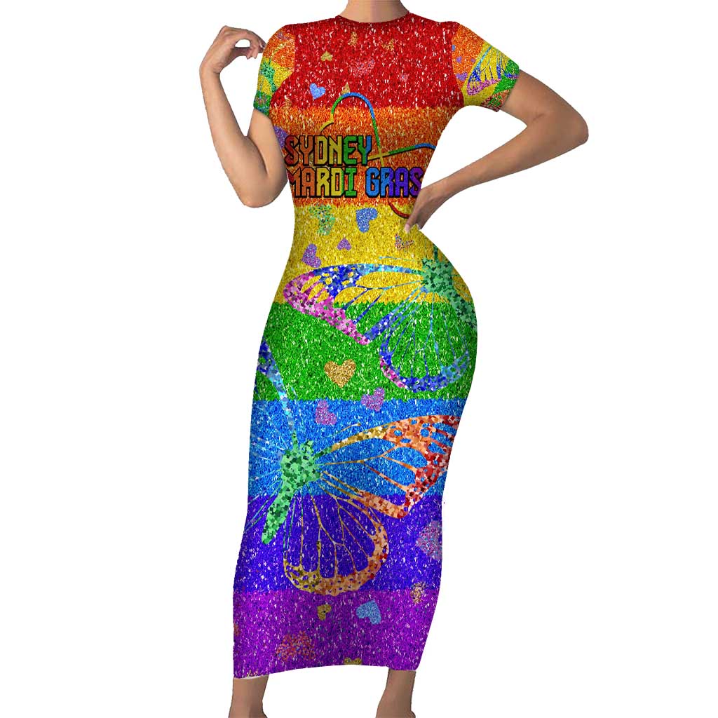 Sydney Mardi Gras Personalized Short Sleeve Bodycon Dress Pride Rainbow Glitter Colorful Style - Wonder Print Shop