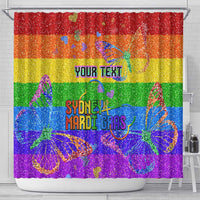 Rainbow glitter Mardi Gras shower curtain featuring colorful butterfly graphics and 'YOUR TEXT'